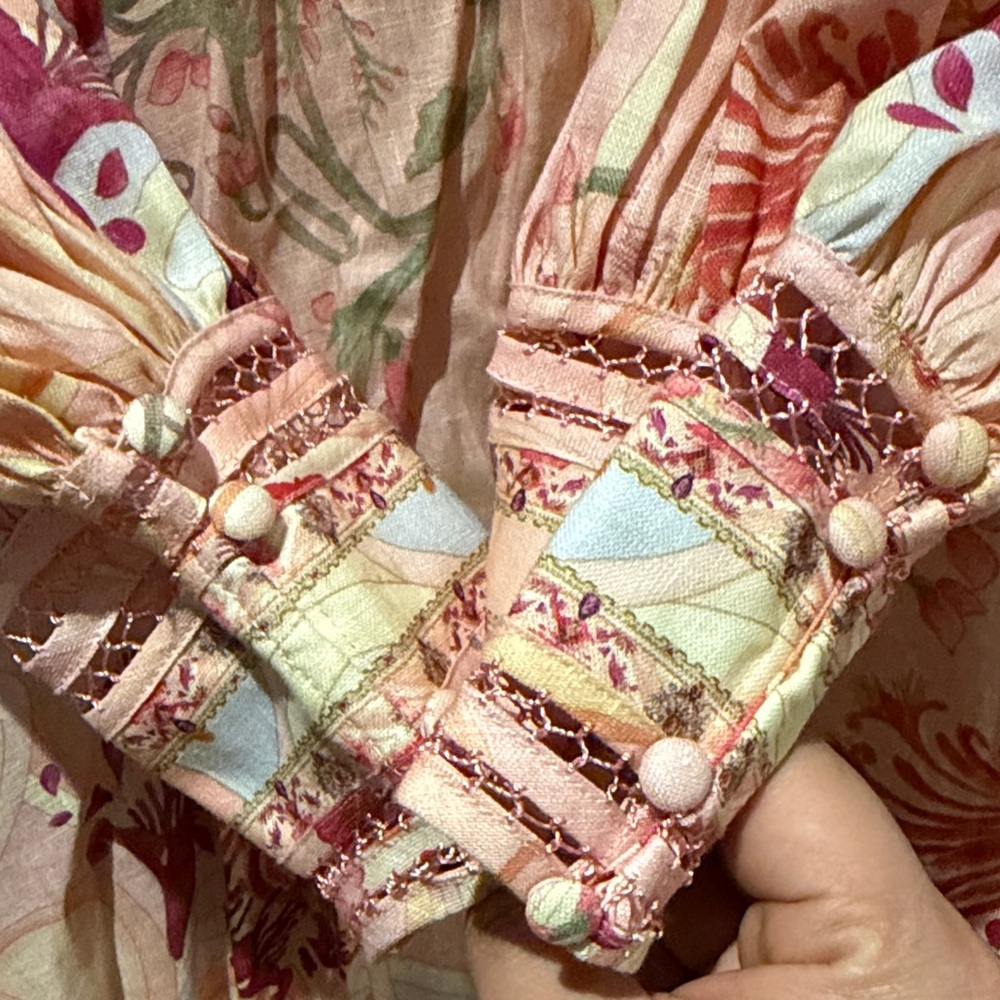 Camilla Shaped Waistband Dress W Gathered Sleeves Blossoms And Brushstrokes NWT - Picture 12 of 16